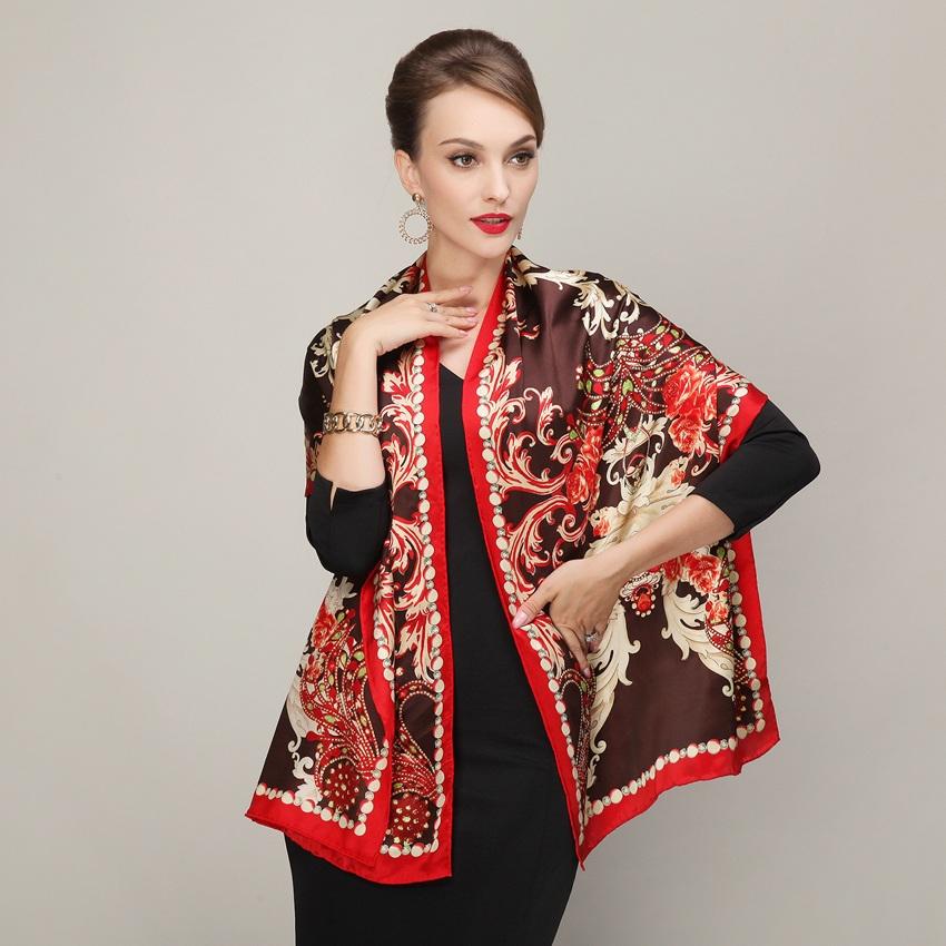 Cachecois Women Blue Silk Scarf Bronzing Printing Autumn And Winter  Ladies Pure Silk Long Scarf Foulard All-Match Blue