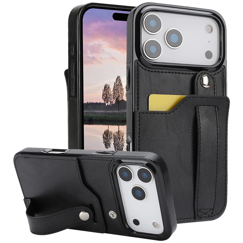 Cards Solt Wallet Wrist Band Leather Case for IPhone 17 16 15 Pro Max 12 13 11 XS X XR 15Plus Bracket Wristband KickStand Cover