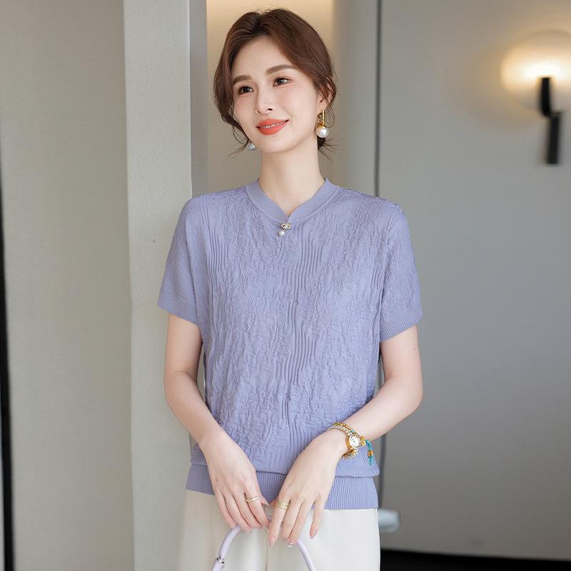 

Women s Ice Silk Short-Sleeve Top, Summer Loose Fit, Plus Size, Slimming, Tummy Concealing, Versatile, Stylish New Chinese Style T-Shirt L фіолетовий