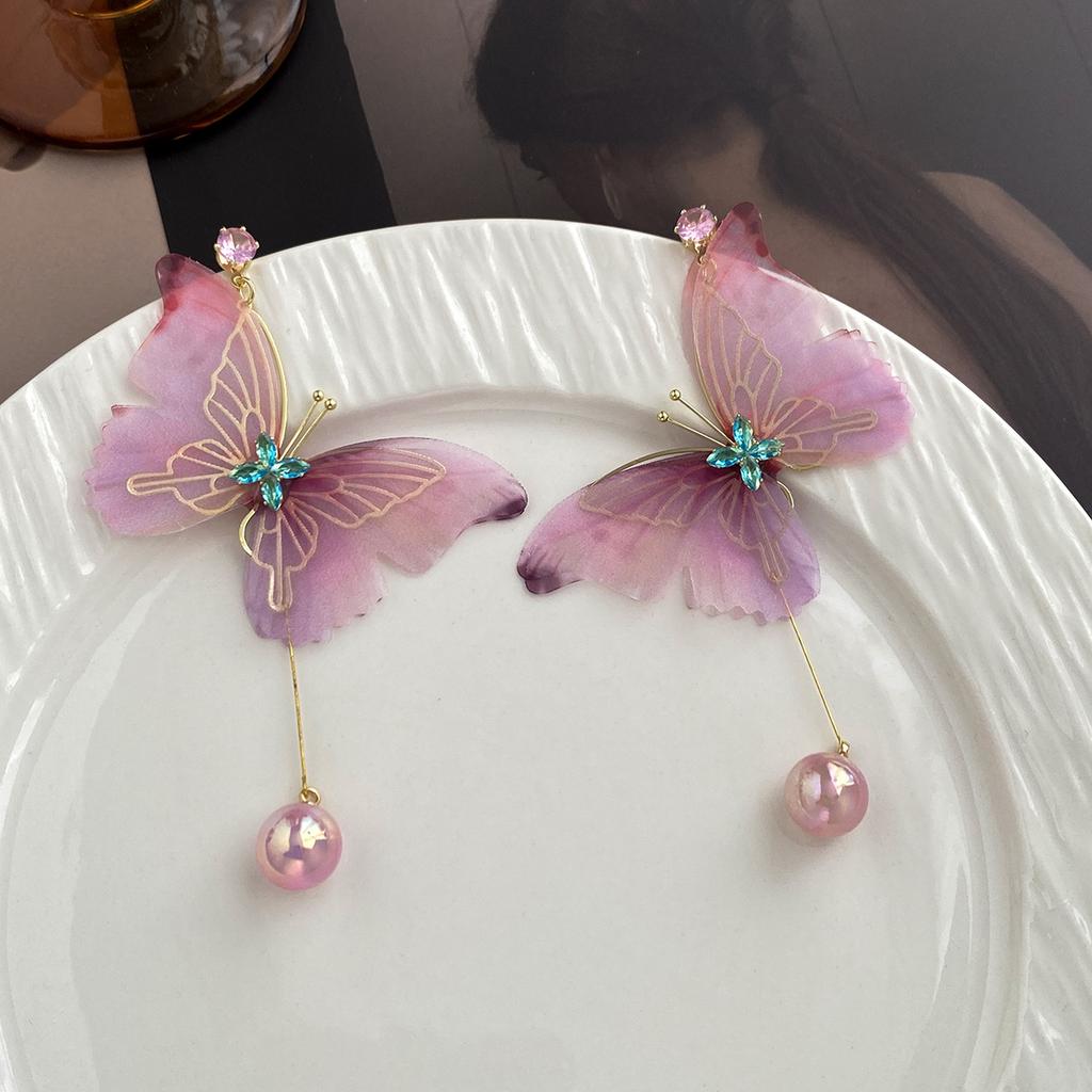 Purple-Pink Butterfly Diamond Pearl Pendant Earrings Mori Pastoral Small Fresh Earrings Super Fairy Tassel Earrings