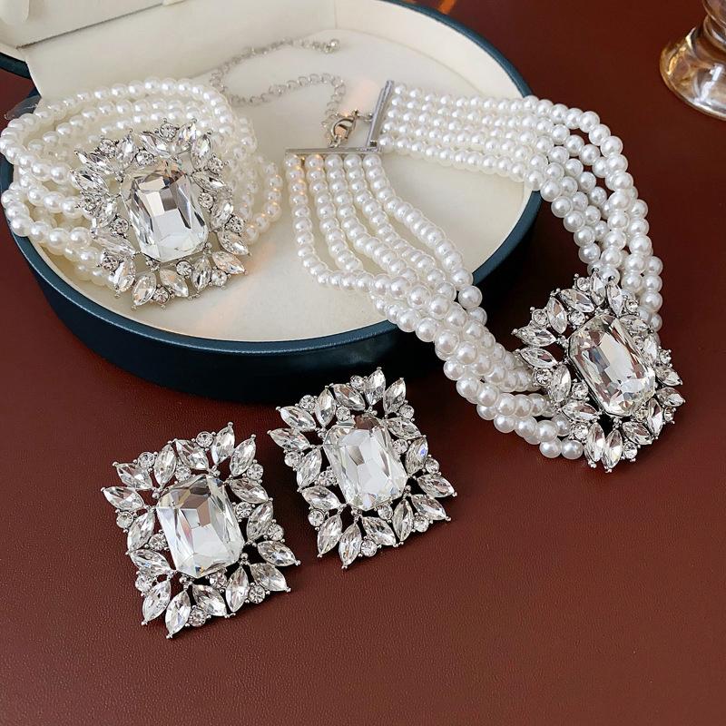 Light Luxury Pearl Bead Multi-Layered Necklace Bracelet With Exaggerated Rhinestones Design Jewelry Earrings For Women Gift