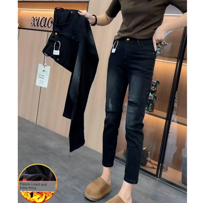and Gray Faux Ripped Straight-Leg Jeans for Women, New Spring and Autumn Style, Plus-Size, Slim-Fit, Stretchy, Flattering, Cropped Cigarette Pants