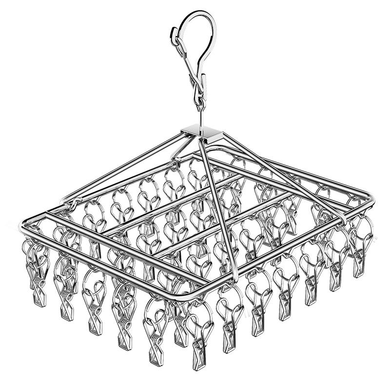 Stainless Steel Multifunctional Windproof Sock and Clothes Hanger with Clips for Home and Dorm Use.