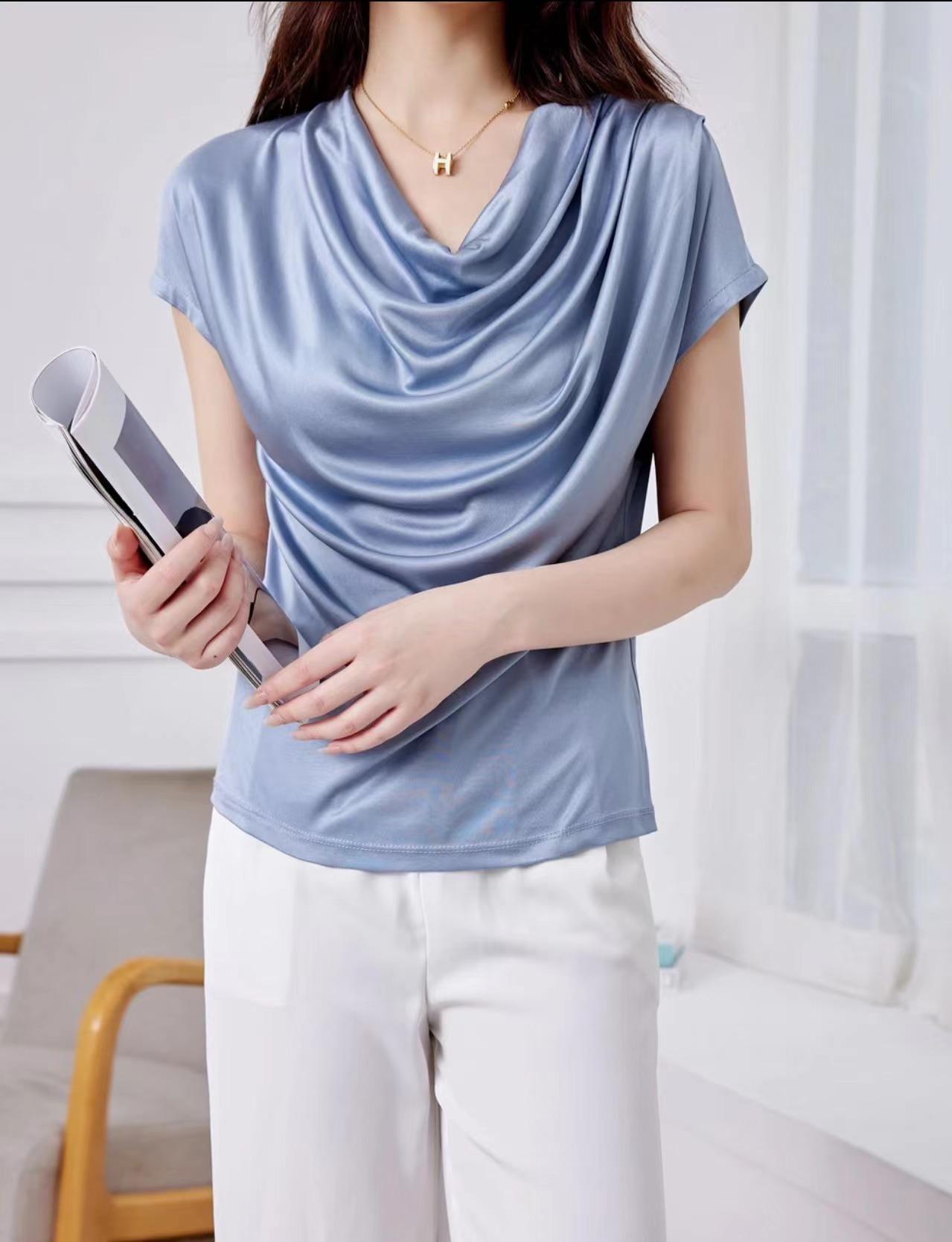 

Женская футболка из французского триацетата с нерегулярным вырезом-хомутом - Повседневная, с коротким рукавом, с ощущением прохлады XXX (135-155 cm)