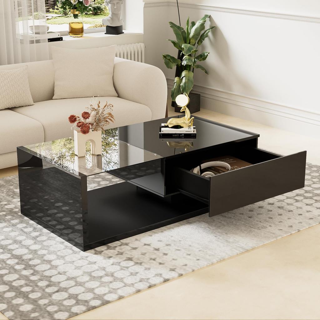 Wohnzimmertisch, LED Couchtisch mit Schubladen, Hochglanz Kaffeetisch mit Stauraum, Modern Coffee Table