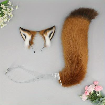 Cute Plush 100% Faux Fur Fox Ears Hair Hoop 2pcs, Tail Set, Simulation Beast Ears Headwear Tail, Photo Props