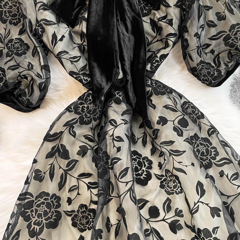 French Elegant Bow Puff Sleeve Dress Women 2025 Spring Autumn New Flocking Floral Waist Slim Long Dresses Patchwork Party Clothing