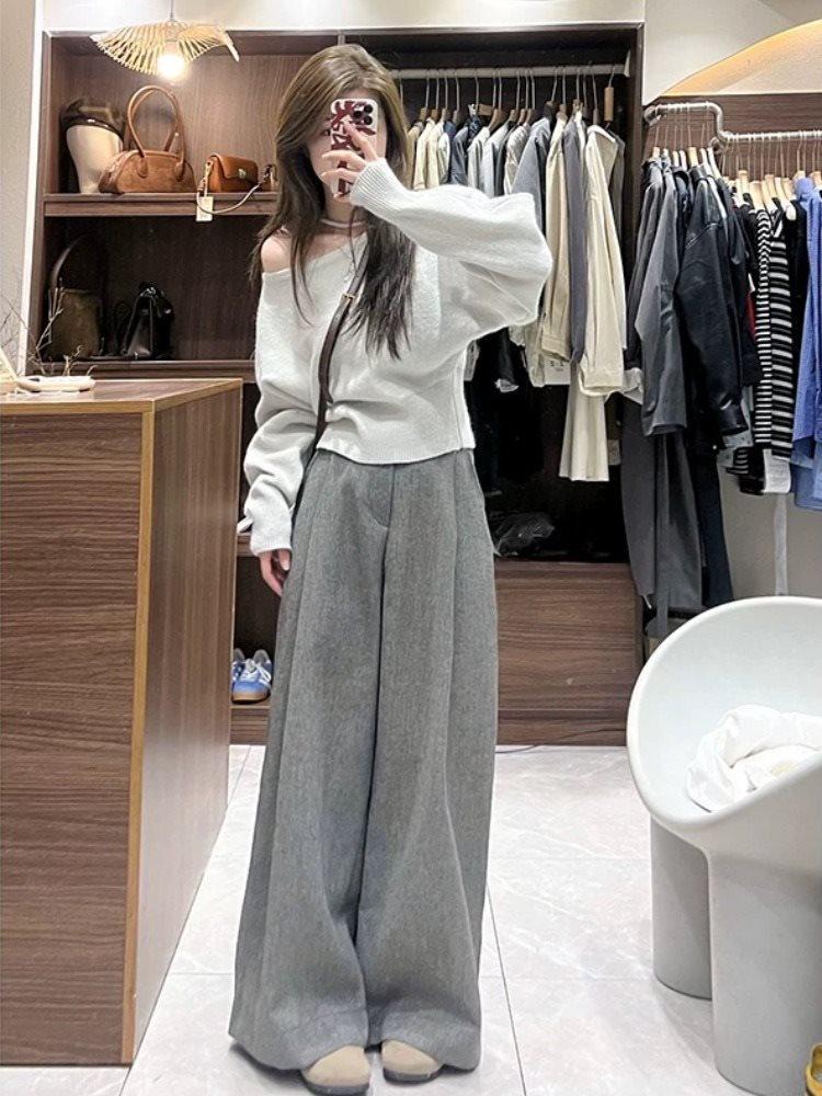 Womens Gray High Waist Wide Leg Pants - Loose, Floor-Length, Casual Style for Spring & Autumn