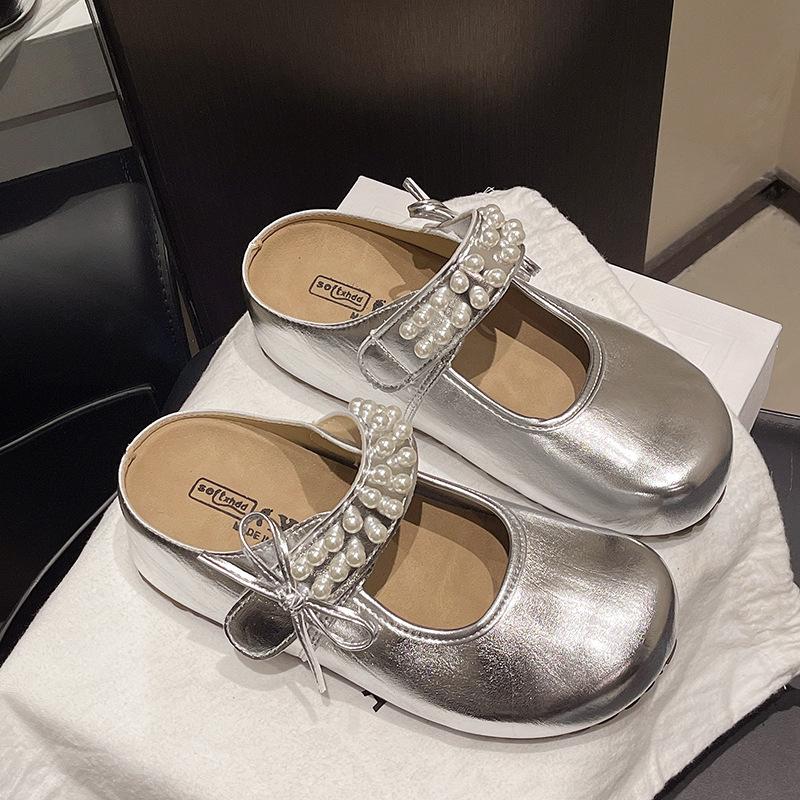 Thick-soled Heightened Bag Head Half Slippers Women's Summer Wear New One-pedal Silver Mary Jane Single Shoes
