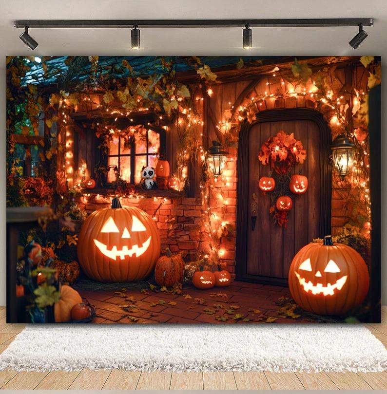 Horror Halloween Party Backdrop Pumpkin Lights Wooden House Halloween Adults Kids Portrait Photography Background Photo Studio3