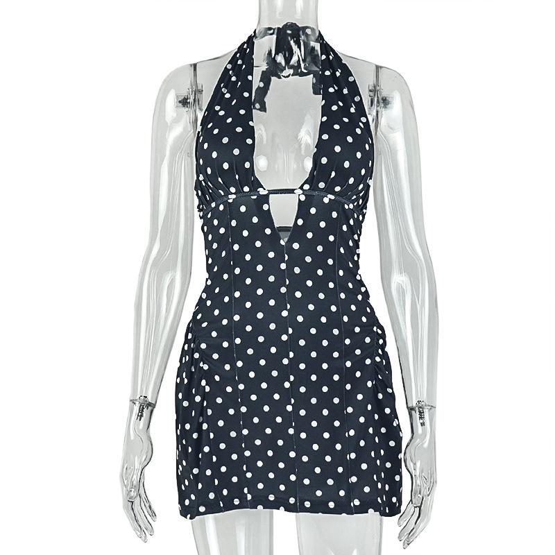 

Fashion Polka Dot Print Slim and Sexy A-line Dress Deep V-neck Sleeveless Hanging Neck Party Short Dress Summer Waist Cinching A-line Evening Dress L чорний