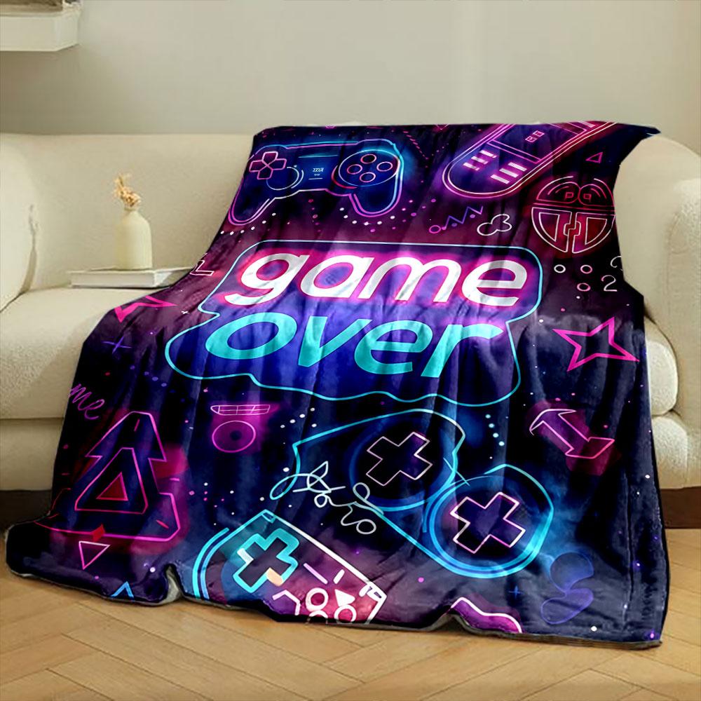Neon gaming symbols with "game over" text on a dark cosmic background. for all seasons blanket lunch break throw gift