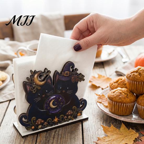 Rustic Kitchen Storage Halloween Wooden Napkin Holder, Ghost Black Cat Decorative Tabletop Tissue Countertop Organizer Dispenser, Paper Towel