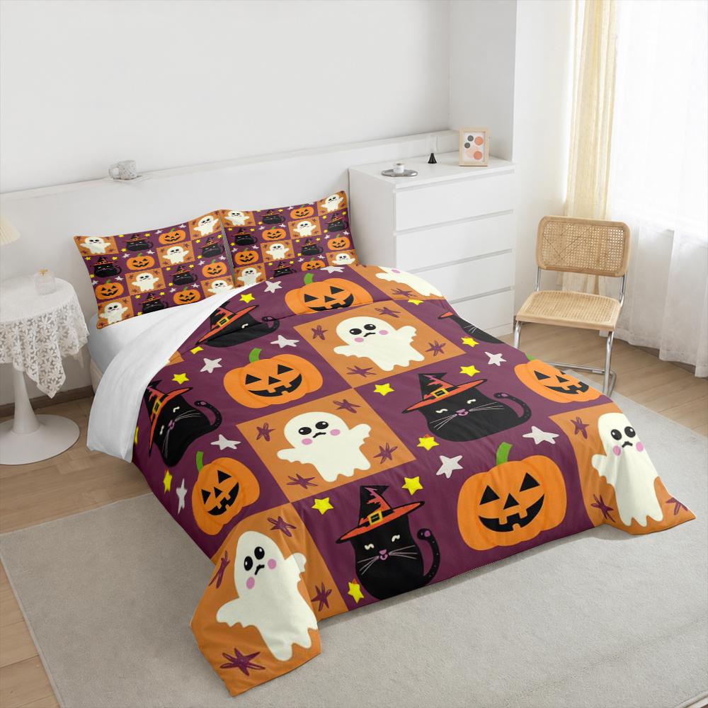 Cute Halloween Ghost Pumpkin Black Cat Bedding set (1 duvet cover, 2 pillowcases, duvet not included), Purple Orange Cartoon Pattern Art Print