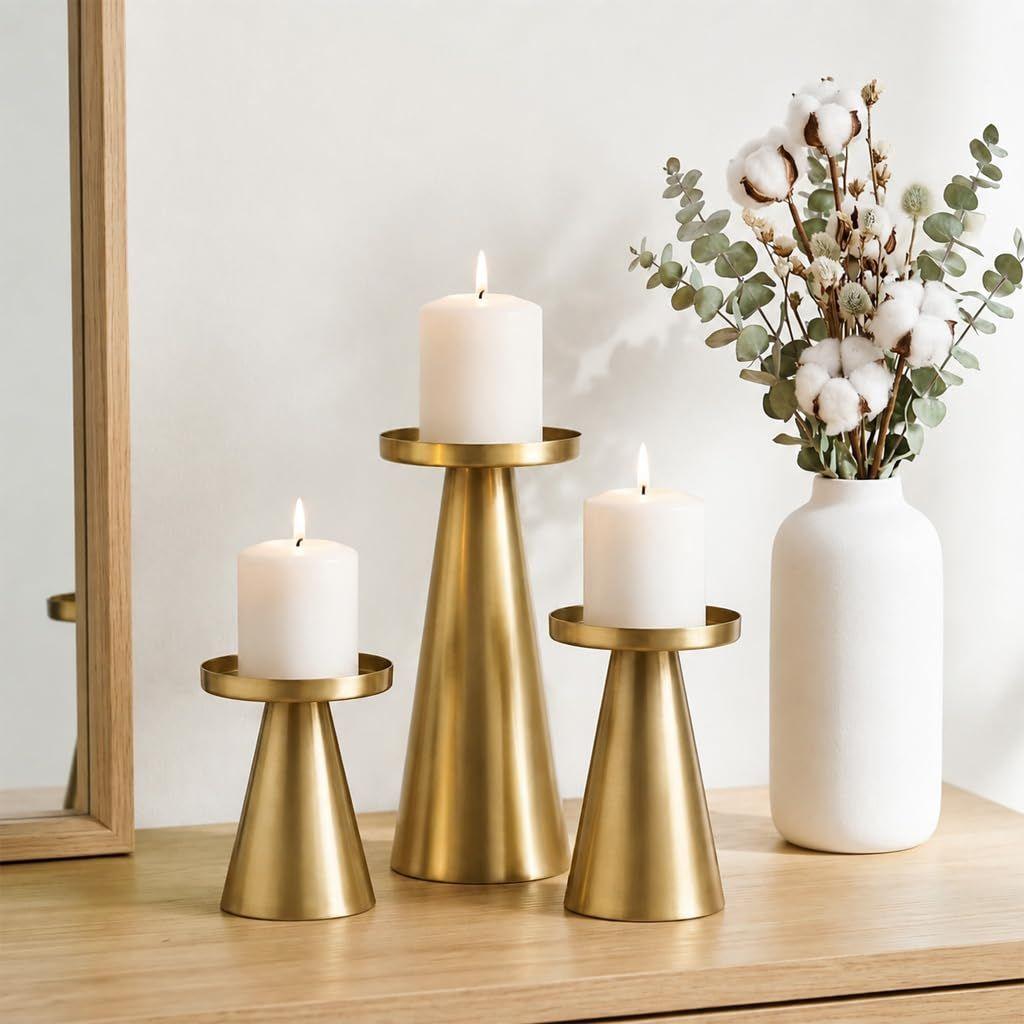 3PCS Gold Iron Candle Holder Set, Pillar Plate Stand for LED Wax Elegant Candle Stand for LED & Wax Candles, Incense Cones, Spa, Weddings