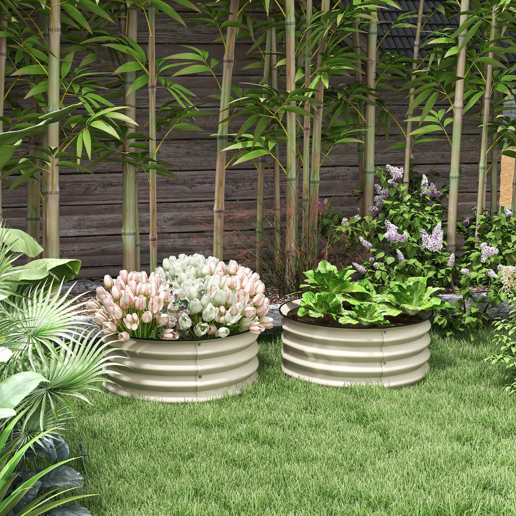 Set of 2 Raised Garden Bed, Metal Planter Box with Safety Edging, Easy-to-assemble Stock Tank, Cream White
