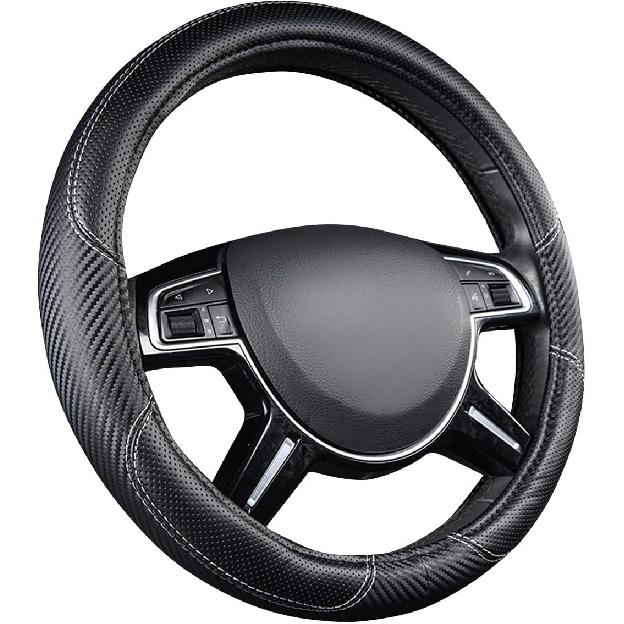 CAR-GRAND Carbon Fiber Steering Wheel Cover, Premium Breathable Leather Sporty Wheel Protection Interior Accessories Standard Size[14" 1/2-15"]
