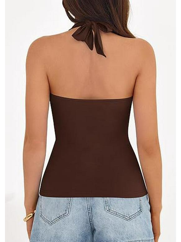 Women's Solid Color Sleeveless V-neck Halter Backless Top - Summer Style