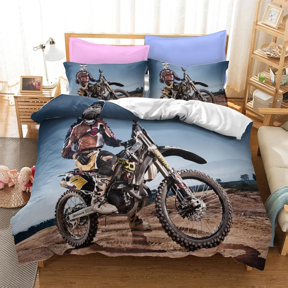 Motorcycles Bedding Set Polyester Fashion Duvet Cover Twin Size Bedclothes with Pillowcases for Teens Bed Linen