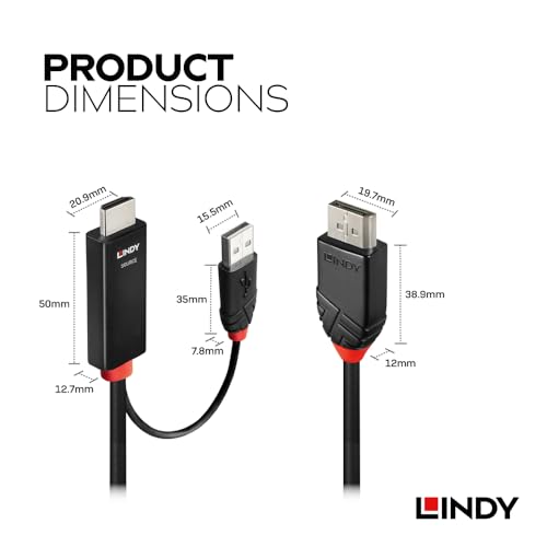 LINDY 2m HDMI 2.0 to DisplayPort 1.2 Active Cable with USB Power (Part Number: 41499)