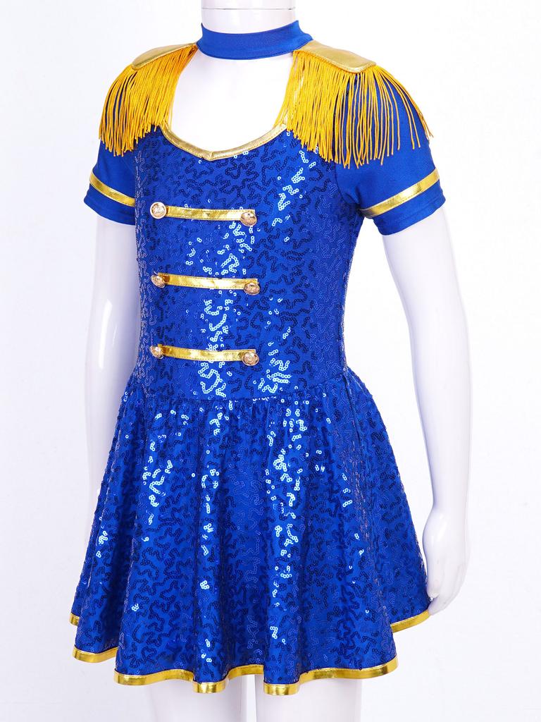 Mädchen Ehrengarde Zirkuskleid Kostüme Glänzende Pailletten Goldene Quasten Epauletten Eingebauter Slip Bühnenkleidung