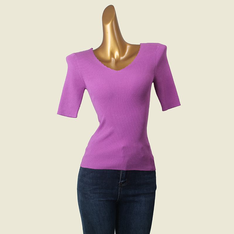 Crescent Double V Neck Texture Half Sleeve T-shirt Summer High Elastic Silm Export Pullover Knitwear