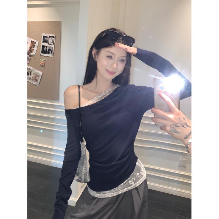 Oblique Shoulder Sexy Long-Sleeve T-Shirt - Early Autumn Slim Fit