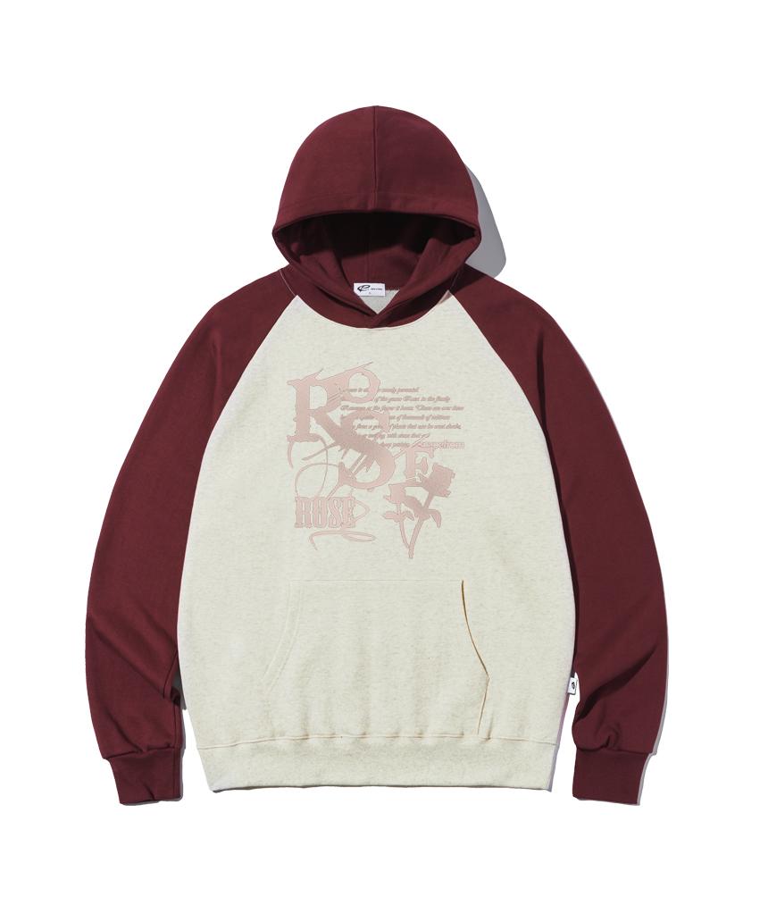 Escape From Vintage Rose Print Raglan Color Block Hoodie Oatmeal M
