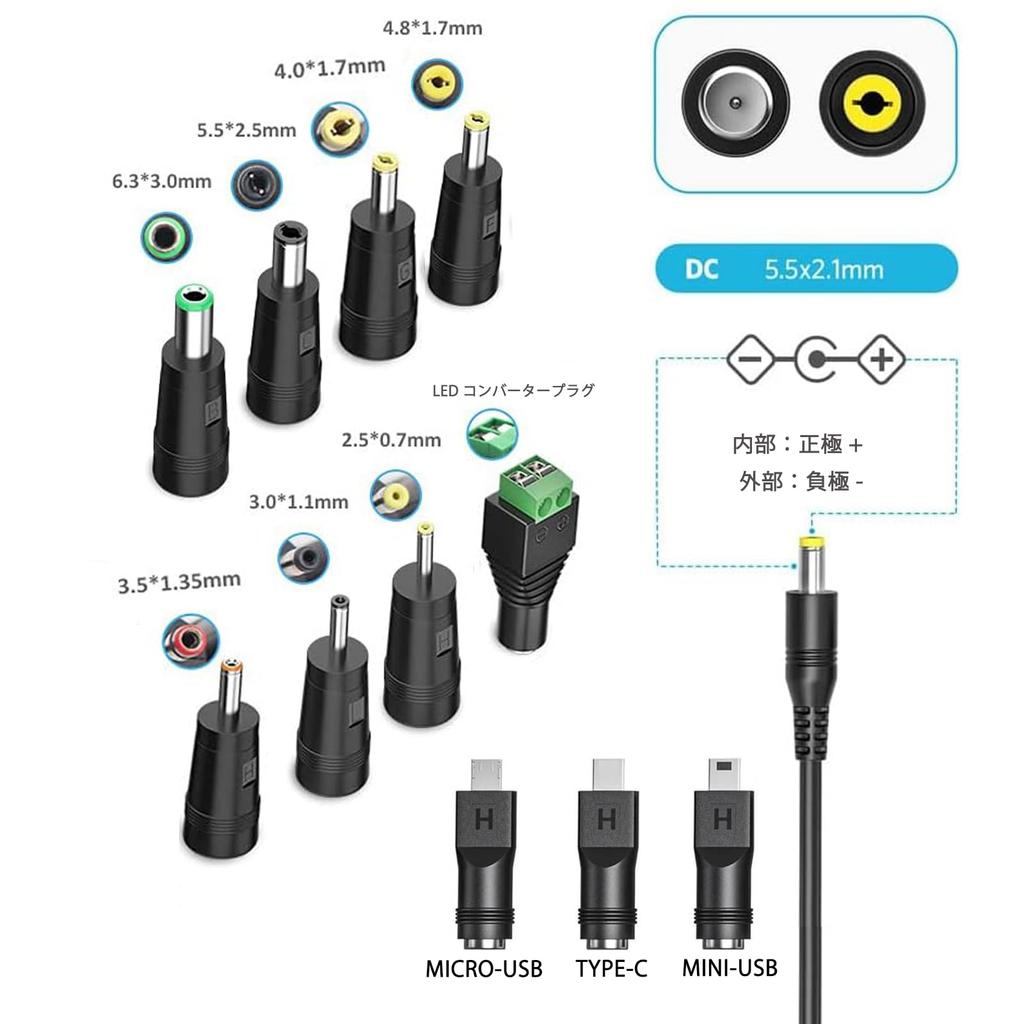 12V 2A Power PSE To 11 Types of DC Connectors Lightweight and Compact Charger for Security LED Wireless and Tablets Adapter, Certified, AC100-240V