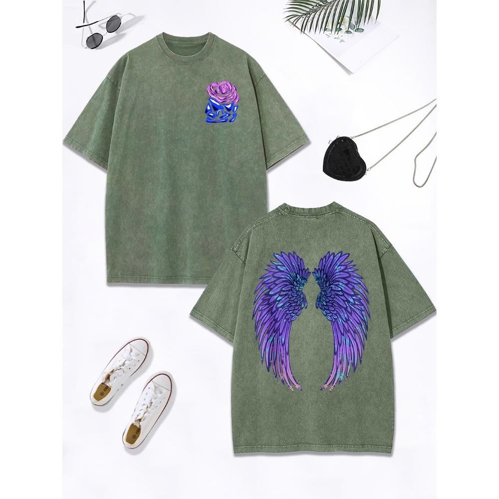 

Крутая фиолетовая креативная футболка с принтами крыльев и роз, женская хлопковая футболка оверсайз с эффектом потертости, с круглым вырезом, топы, одежда 3XL