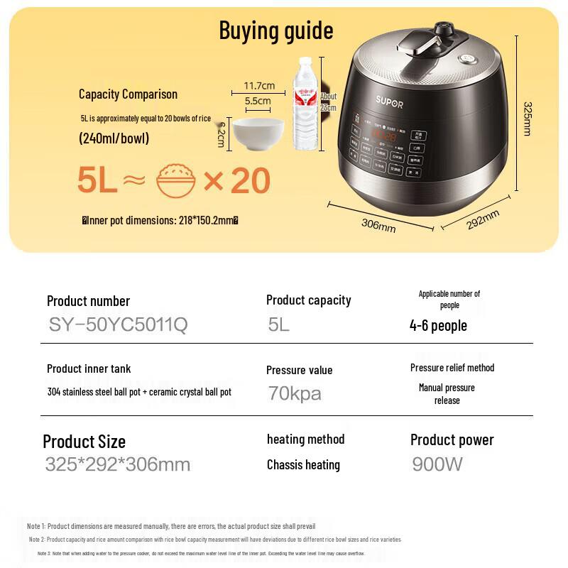 SUPOR 5L Smart Electric Pressure Cooker with Dual Non-stick Sphere Pots CN plug (adapter included)