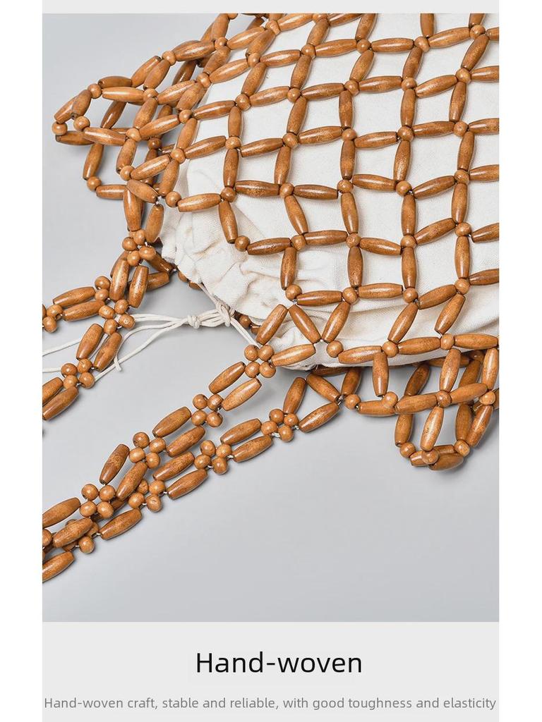 ENSPT Handwoven Wooden Bead Shoulder Bag - Women's Summer Niche Design