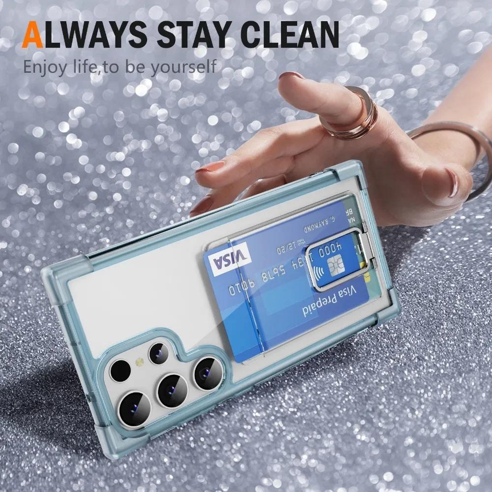Shockproof Acrylic Card Holder Clear Phone Case for Samsung  S24 Ultra S23 Plus S22 S21Ultra Note 20 Metal Kicstand Bumper Cover