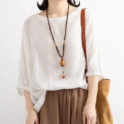 Blouse Half Sleeve Breathable Cotton Flax Female Bat Shirt Hem Clothing for Daily Wear