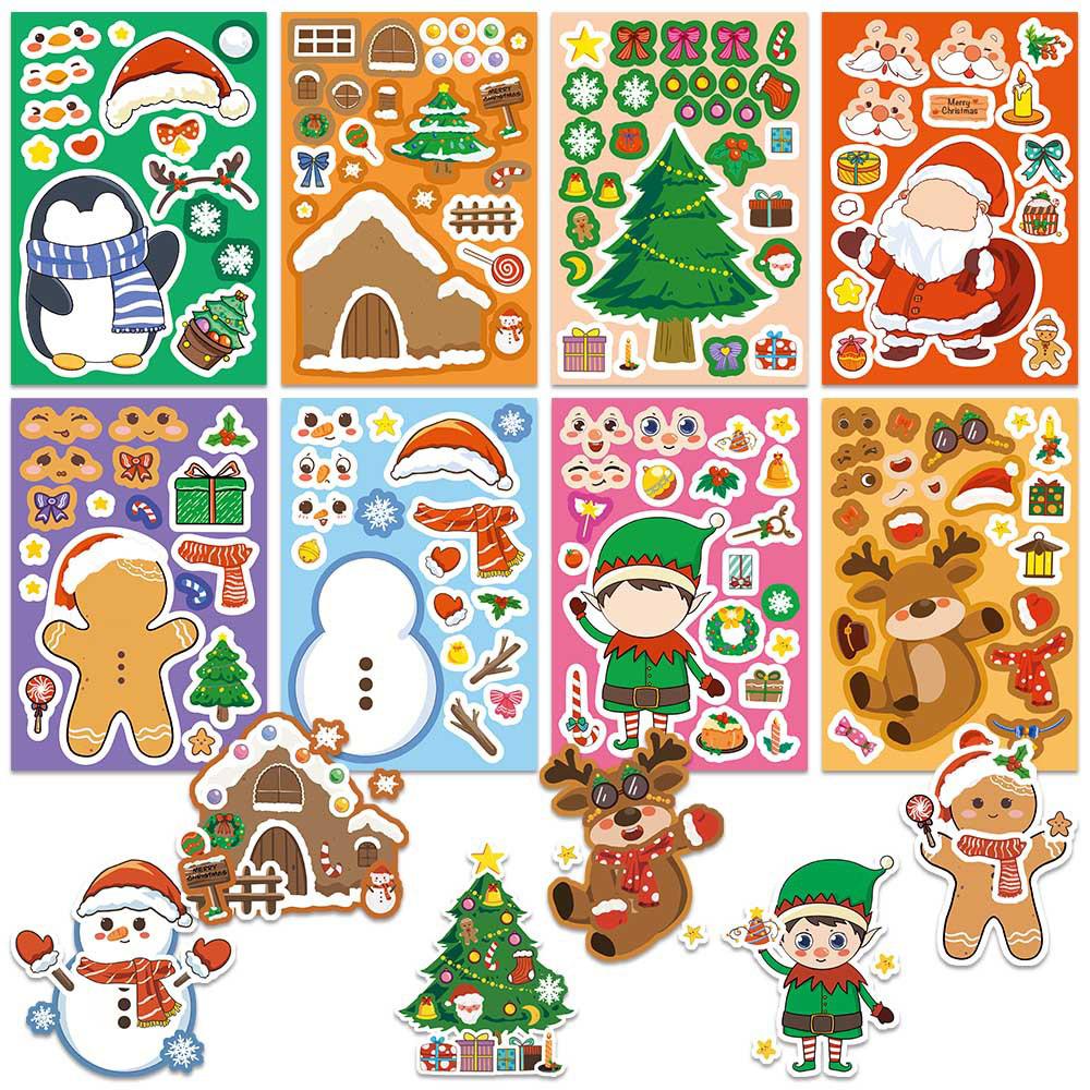 8/16sheets Merry Christmas Puzzle Stickers Cartoon Santa Claus Make a Face Jigsaw Decals Funny Assemble Education Toy Boys Girls