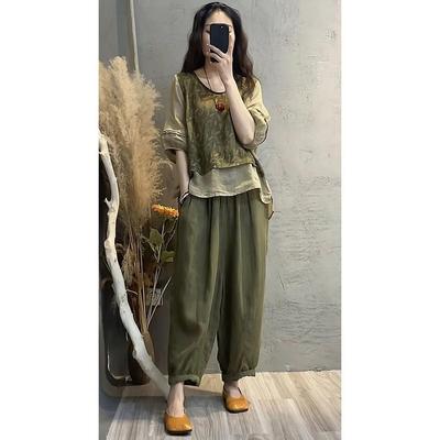Women's Summer Personalized Casual Thin Suit V-neck Belly-shading Top + Harlequin Pants Two-piece Suit