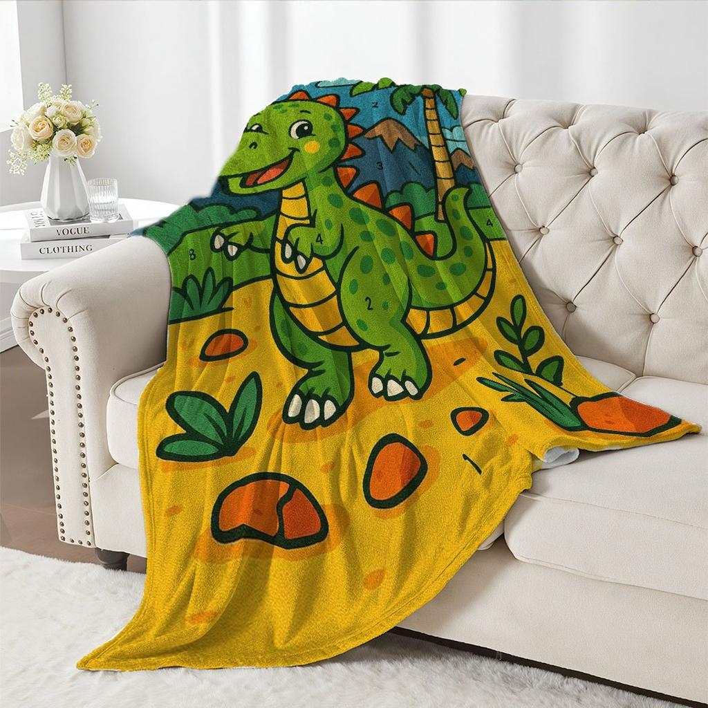 Dinosaur Flannel Throw Blanket – Soft Cozy Fleece Blanket with Cute Cartoon Design, Perfect for Home, Office, Sofa & Car