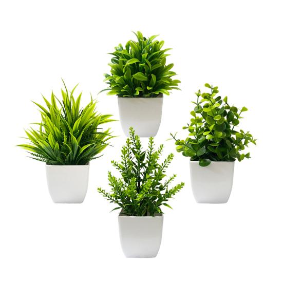 4 Stück Mini künstliche grüne Topfpflanzen, kleine Fake-Pflanzen mit Topf für Zuhause, Büro, Indoor, Tisch, Regal, Bauernhaus, Badezimmer Dekoration