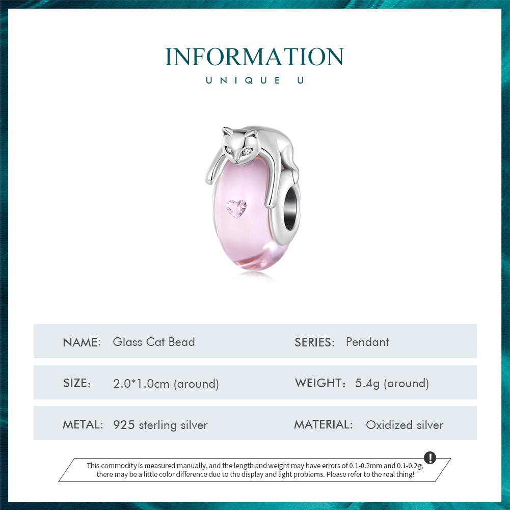Bamoer 925 Sterling Silver Růžové skleněné korálky Stříbrné kočičí přívěsky Kubické zirkonie pro ženy Originální náramek jemné šperky