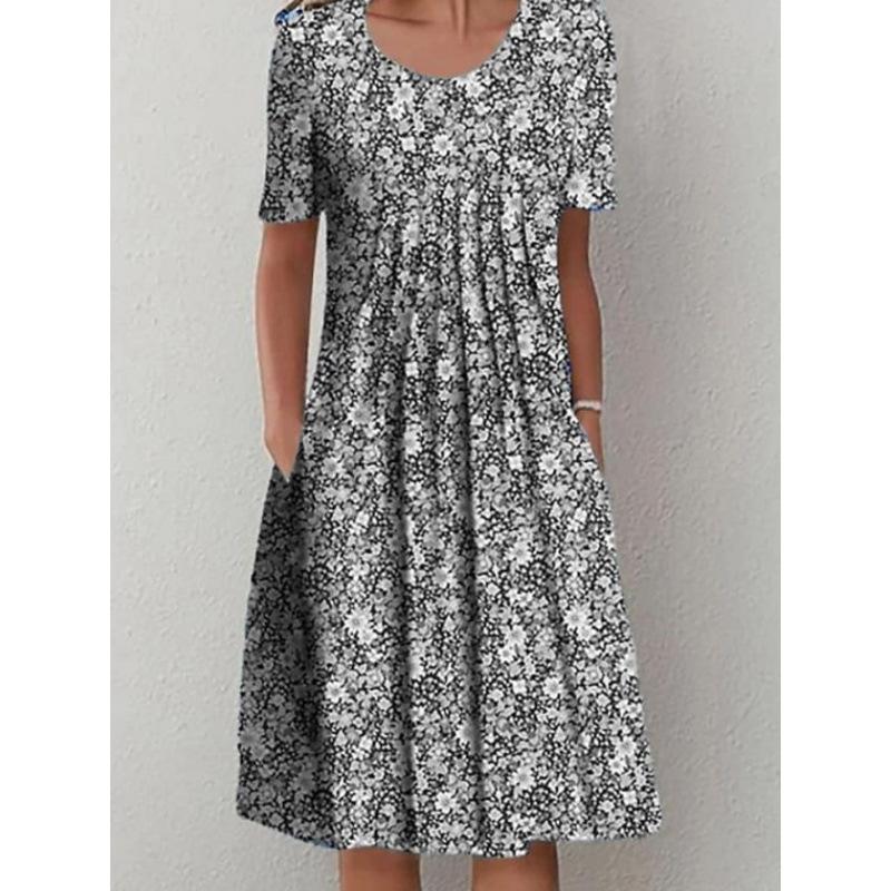 Abiti casual a vita alta con scollo a maniche corte e stampa floreale primavera-estate moda donna