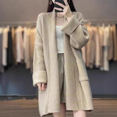 Herbst und Winter neue Revers mittellang locker Strickjacke Damen einfarbig sanft und lässig Strickpullover Jacke