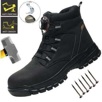 Leather Non Slip Work Boots for Men Rotating Button Safety Shoes Steel Toe Sneaker Male Puncture Proof Protective Boots