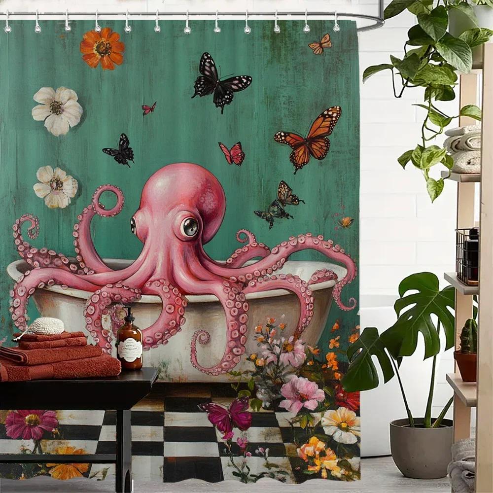 Lovely Creative Octopus Pattern Print Fabric Shower Curtain Bathroom Curtain,floral Octopus Home Decor Curtain with Hooks