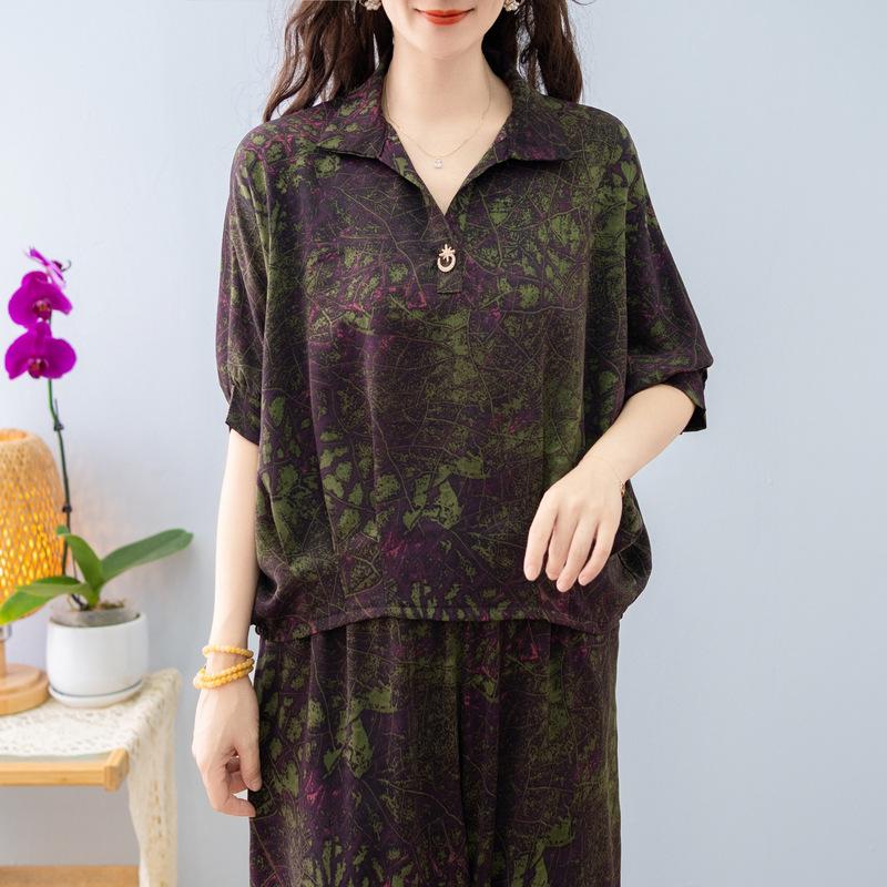 Plus Size Ethnic Style Women's Striped T-Shirt and Joggers Set for Middle-Aged Moms