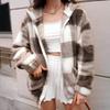2025 Autumn/Winter Plaid Furry Hooded Zip-Up Cardigan Jacket