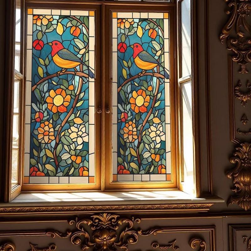 Colorful Window Glass Electrostatic Stickers Retro Flowers Birds Stickers Removable Window Privacy Stained Decor Film For Home