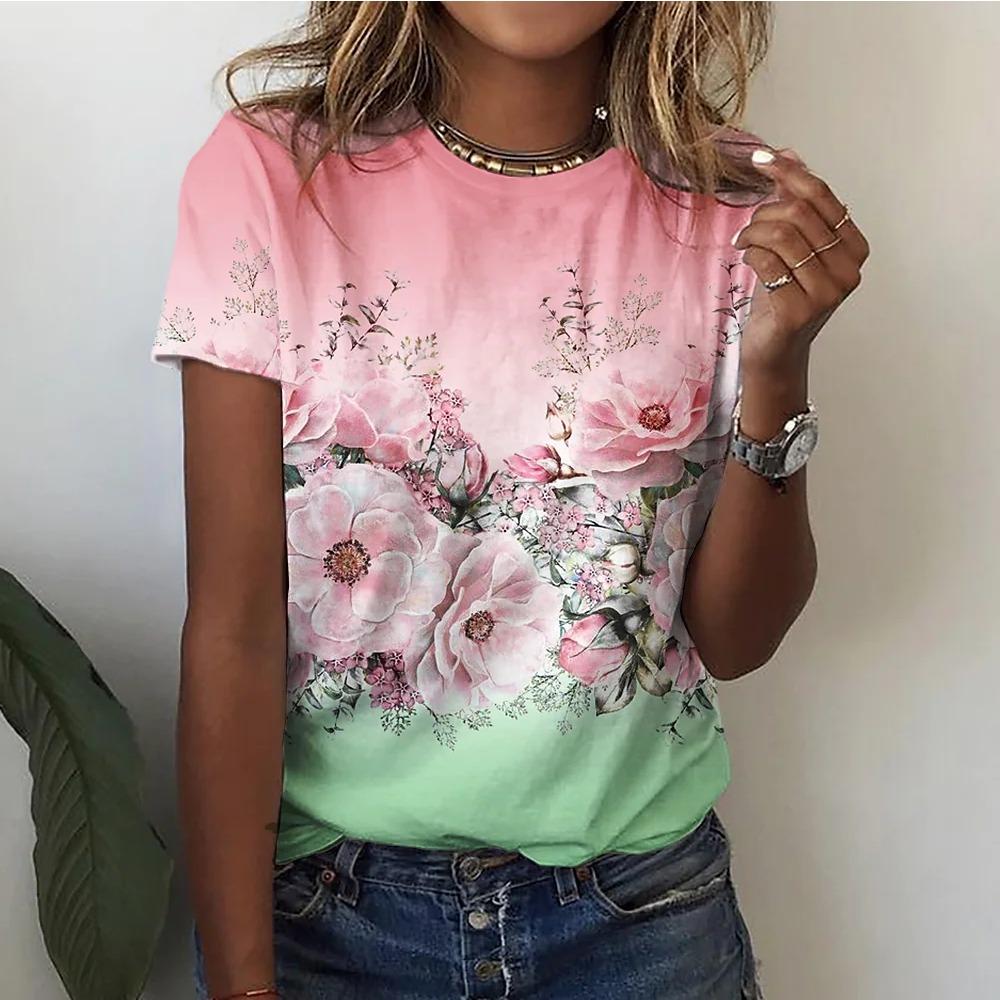 Floral 3d Printing T-shirt Women Tees Women Summer Casual Oversized Loose Harajuku Blouse Women Fashion Y2K Clothing