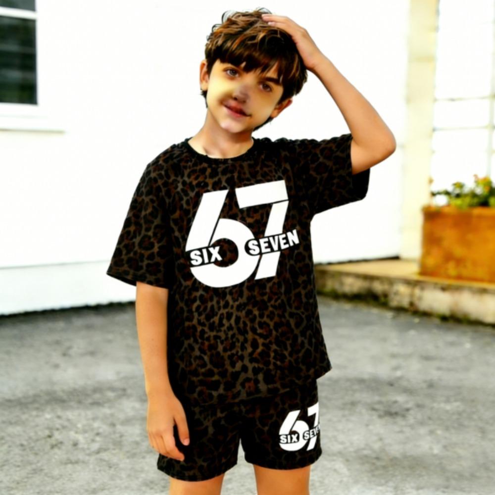 67 Leopard Colored Printed kids T-shirt and Shorts 2 Piece Set Summer Casual Outfit for boy's and girl's Clothing Top