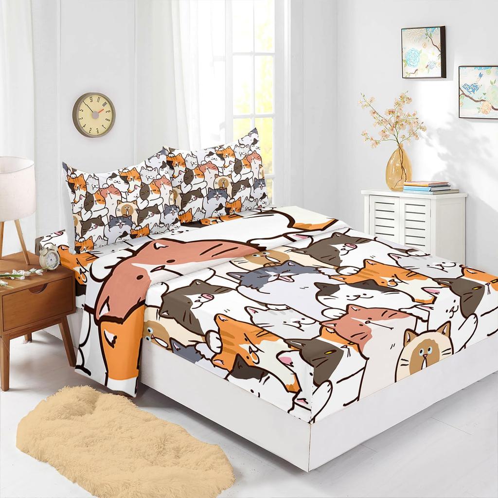 Cute Cartoon Cat Pattern Bed Hat Four-Piece Bedding Set Bedroom Dormitory Bedding Decoration