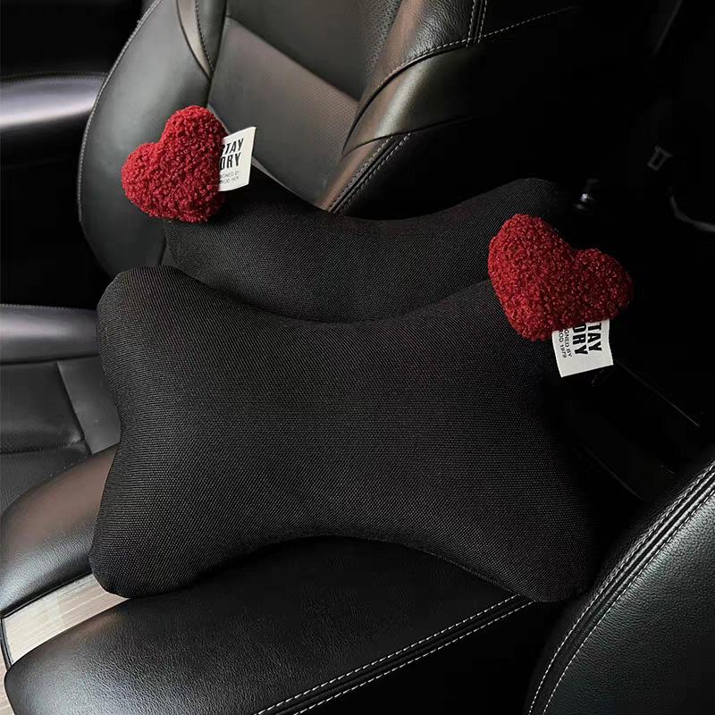Cute Retro Red Heart Universal Car Neck Pillow Four Seasons Ice Silk Auto Seat Headrest Holder Waist Support Car Accessories